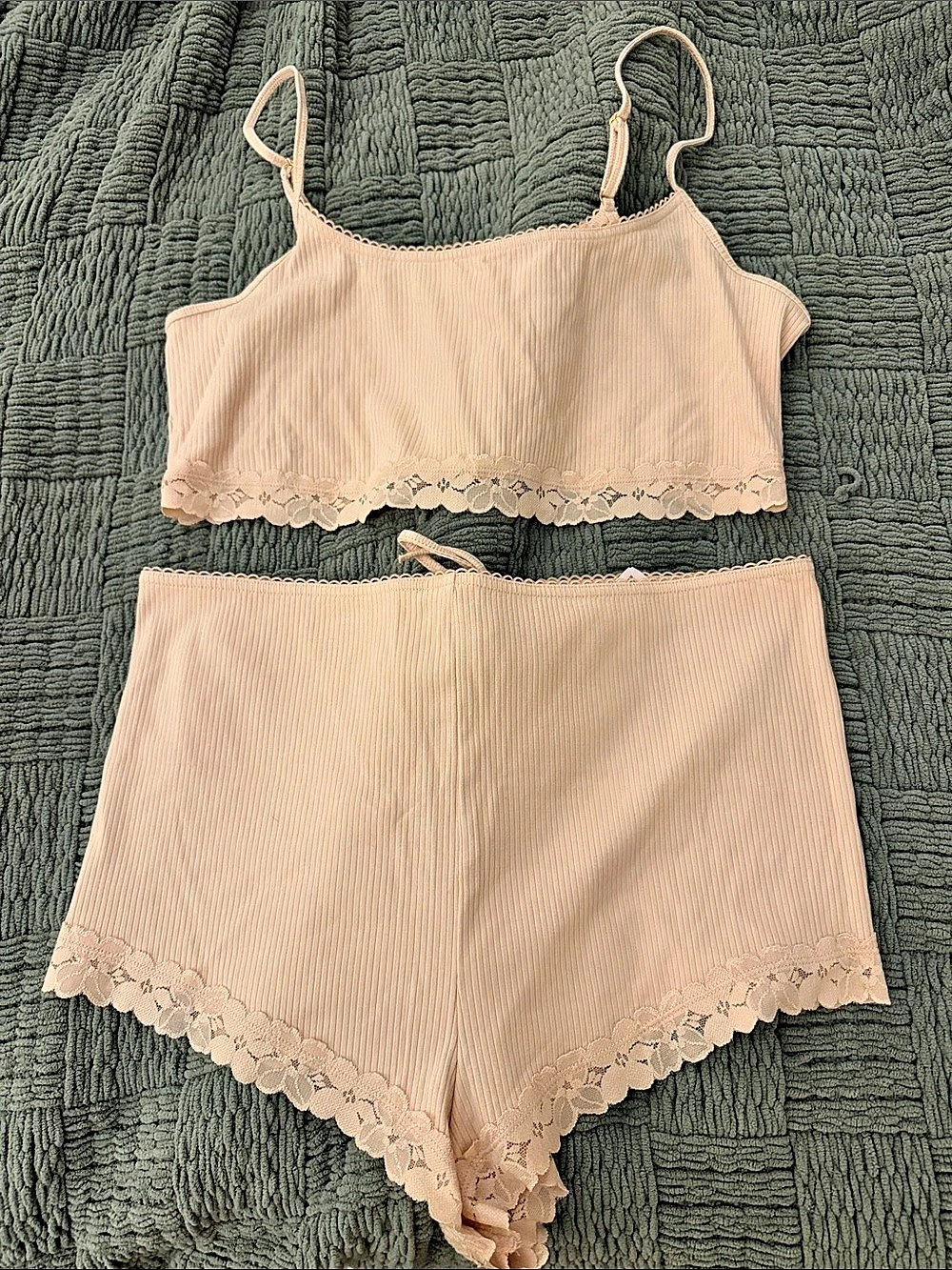 Victoria's Secret SoSoft Modal Ribbed Lace-Trim Cami & Shorts Set cream tan XL